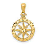 Gold Polished Compass Pendant - 14 x 18.7 mm