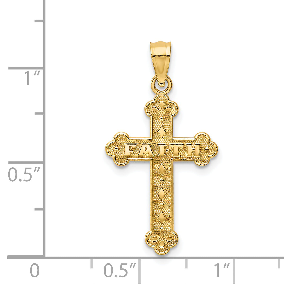 14k Yellow Gold Satin and Polished Faith Cross Pendant, shown with a ruler for scale