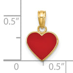 14k Yellow Gold Polished Red Enameled Heart Pendant, shown with a ruler for scale