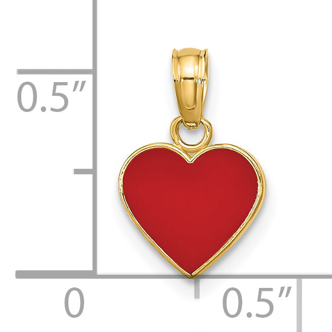 14k Yellow Gold Polished Red Enameled Heart Pendant, shown with a ruler for scale