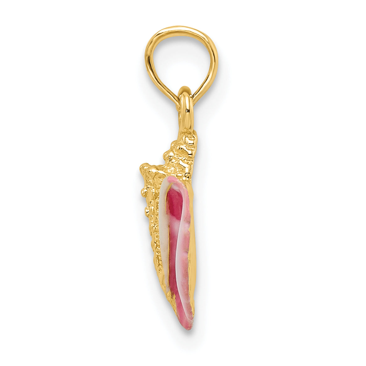 14k Yellow Gold Textured Pink and White Enamel Conch Shell Pendant, view 2