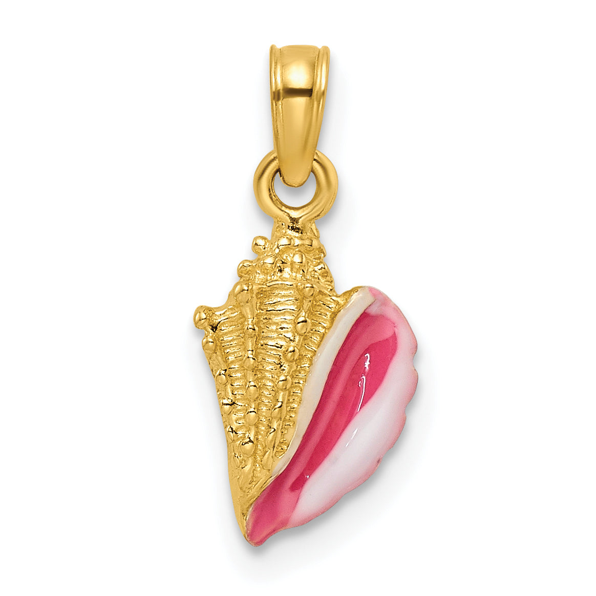 14k Yellow Gold Textured Pink and White Enamel Conch Shell Pendant