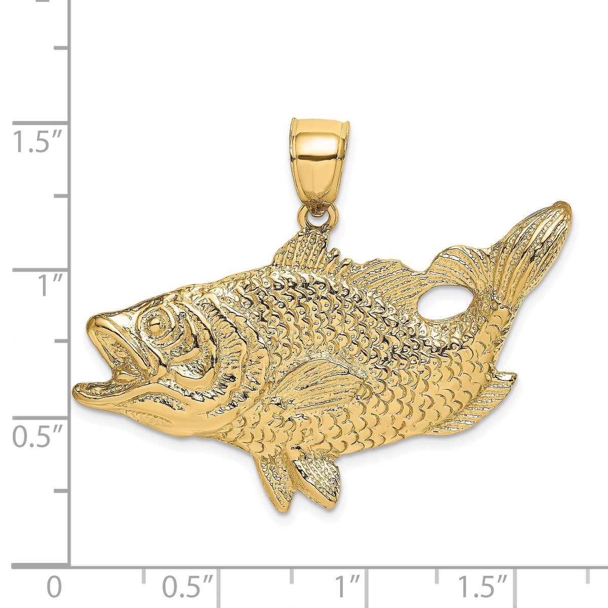 14k Yellow Gold Large Open Mouth Bass Fish Charm, shown with a ruler for scale