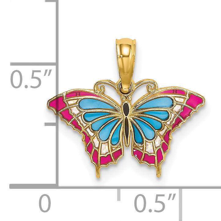 14K Small Enameled Blue and Red Butterfly Charm - 17 x 11 mm