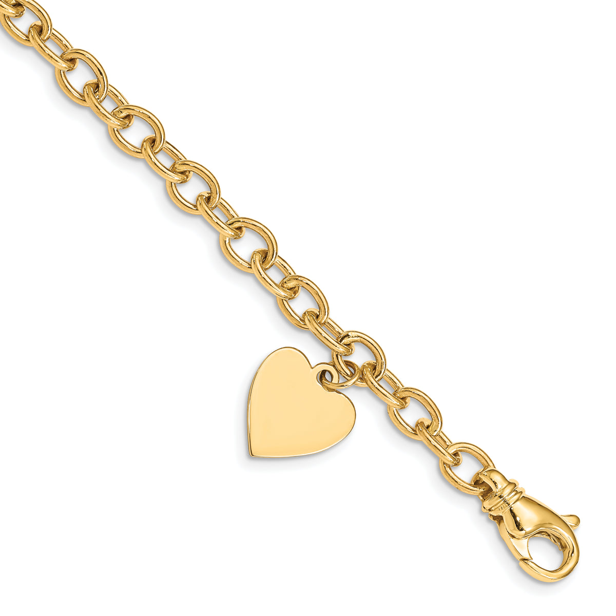 14k Yellow Gold Engravable 19x13mm Solid Dangle Heart Charm and Solid Link Bracelet - 7.5 in