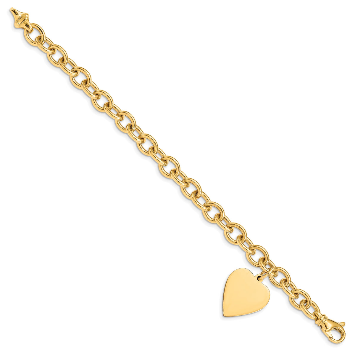 14k Yellow Gold Engravable 25x19mm Solid Dangle Heart Charm and Solid Link Bracelet, view 2 - 7.5 in