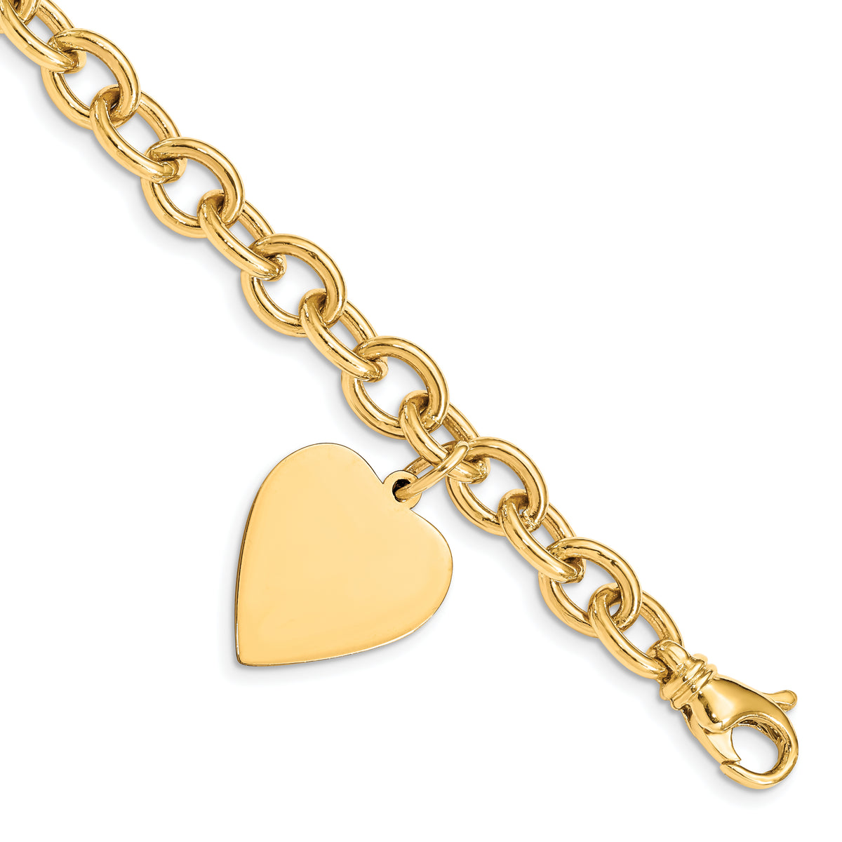 14k Yellow Gold Engravable 25x19mm Solid Dangle Heart Charm and Solid Link Bracelet - 7.5 in