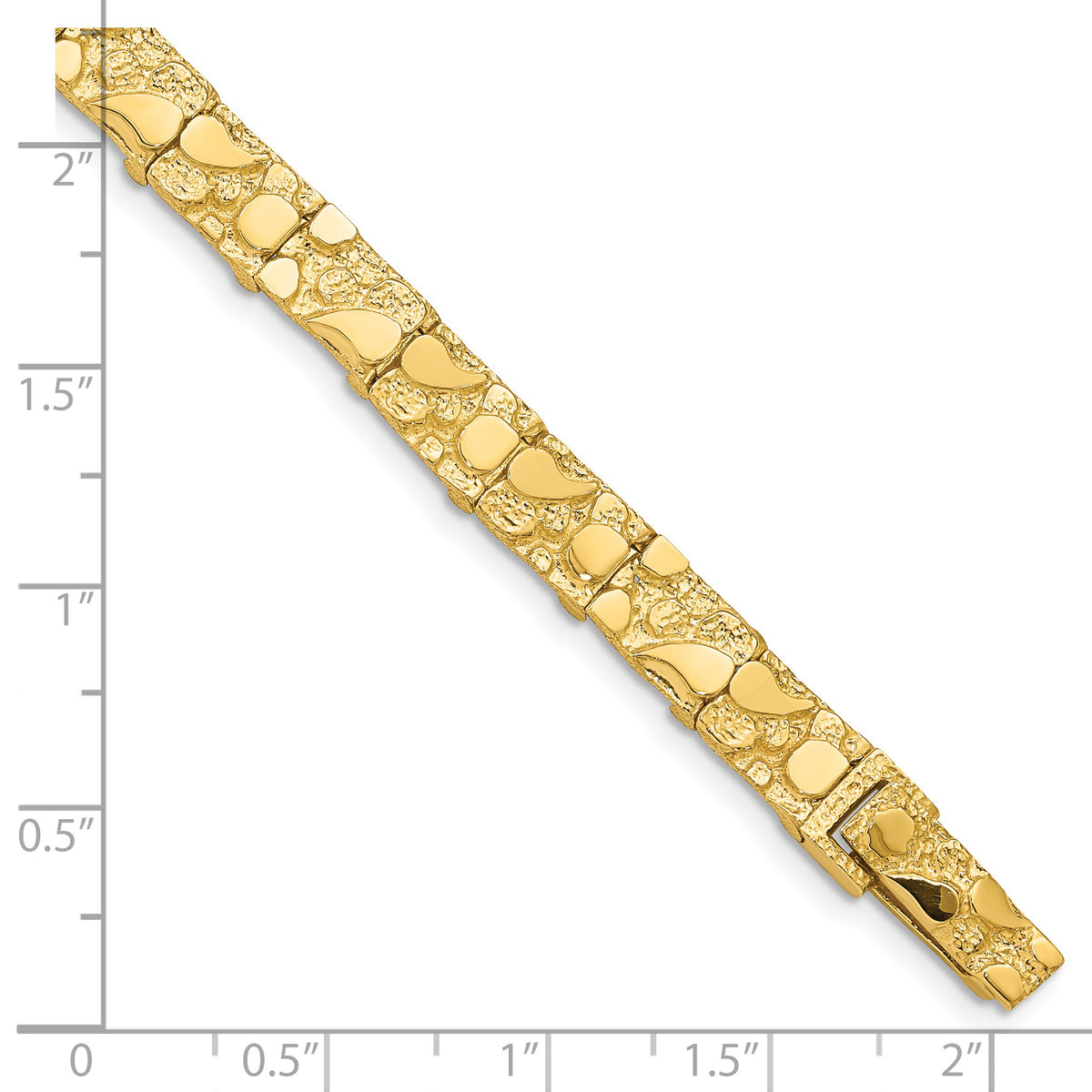 14k Yellow Gold Polished and Textured 7.00mm Nugget Bracelet, shown with a ruler for scale - 7 in