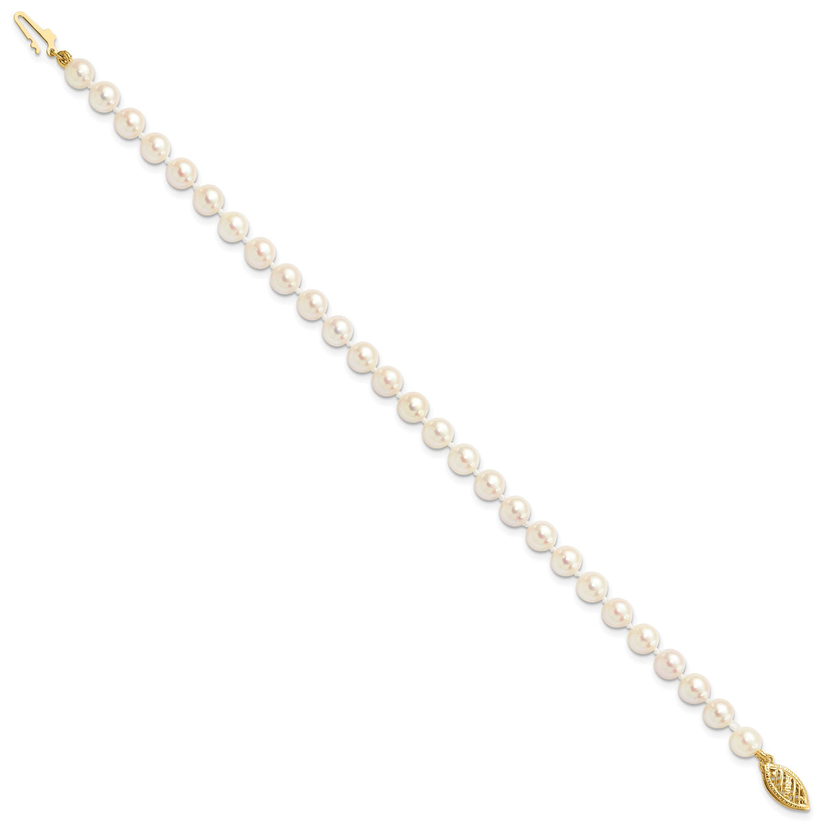 14k Yellow Gold White Akoya Cultured Pearl Bracelet, view 2 - 5-6 mm