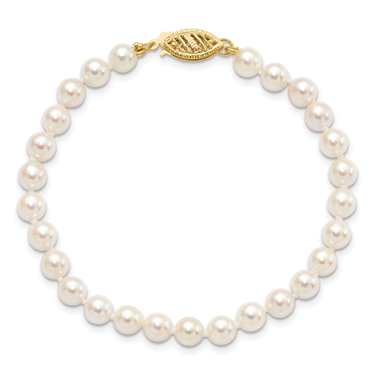 14k Yellow Gold White Akoya Cultured Pearl Bracelet, view 4 - 5-6 mm