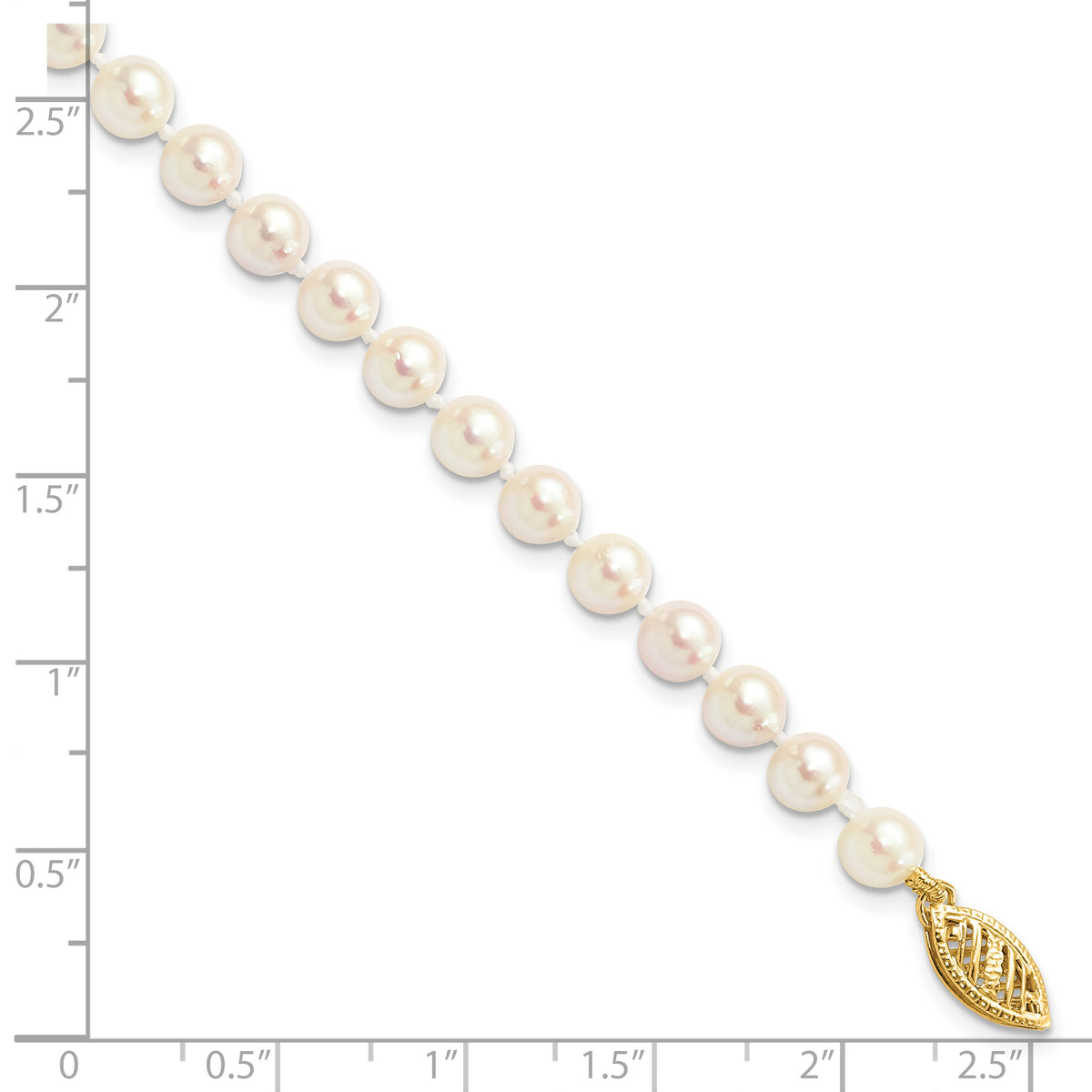 14k Yellow Gold 5-6mm White Round Akoya Saltwater Cultured Pearl Bracelet, shown with a ruler for scale - 7 in