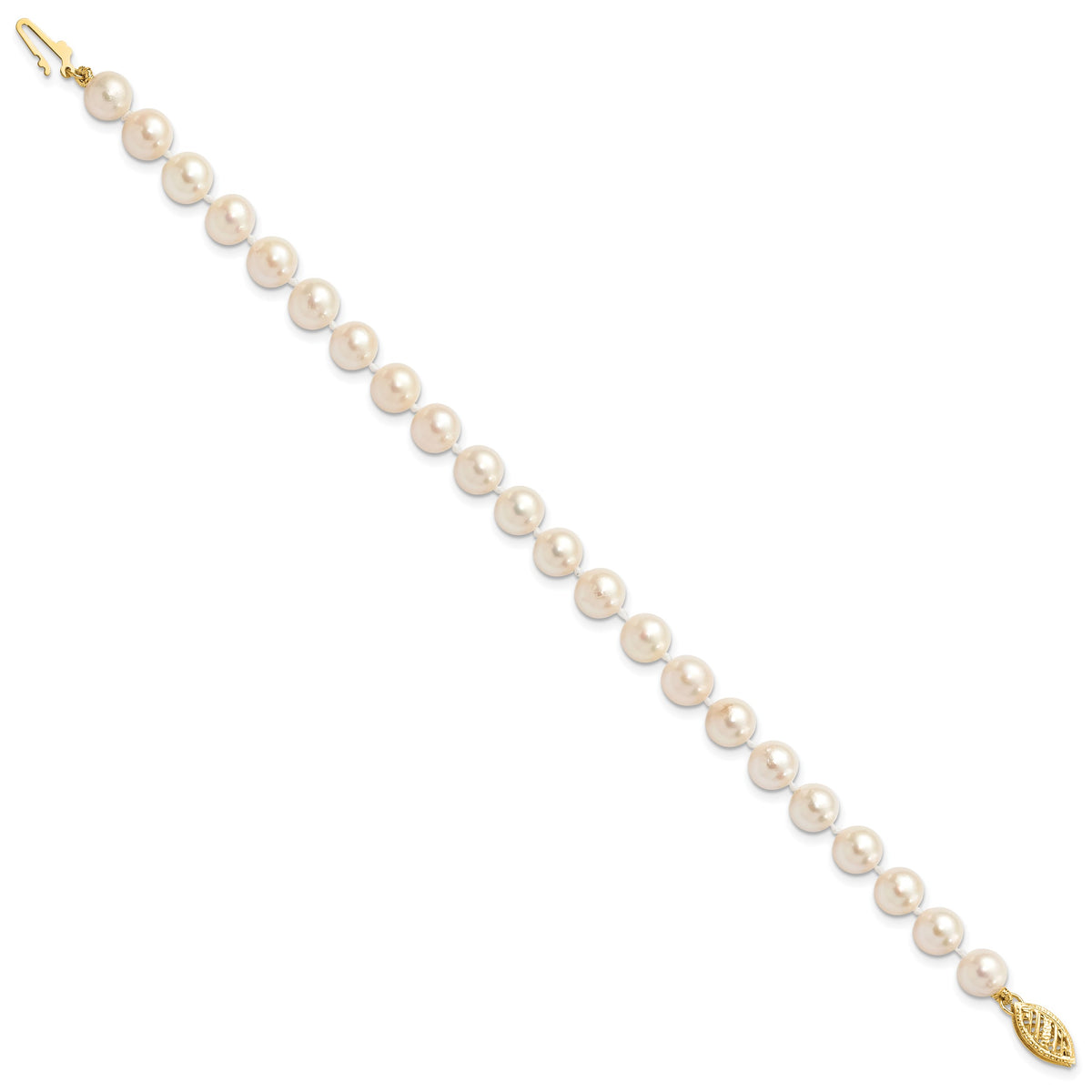 14k Yellow Gold White Akoya Cultured Pearl Bracelet, view 2 - 6-7 mm