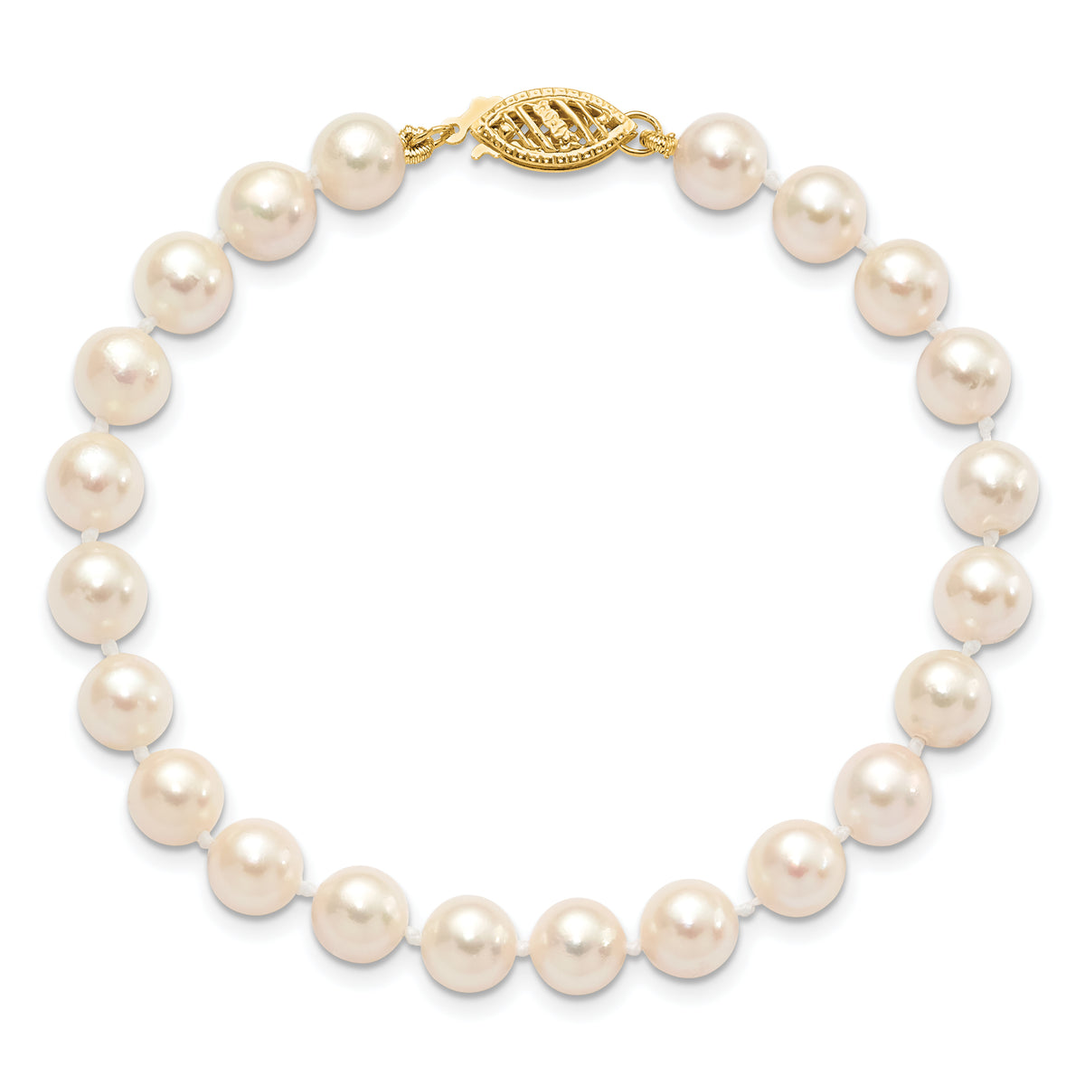 14k Yellow Gold White Akoya Cultured Pearl Bracelet, view 4 - 6-7 mm