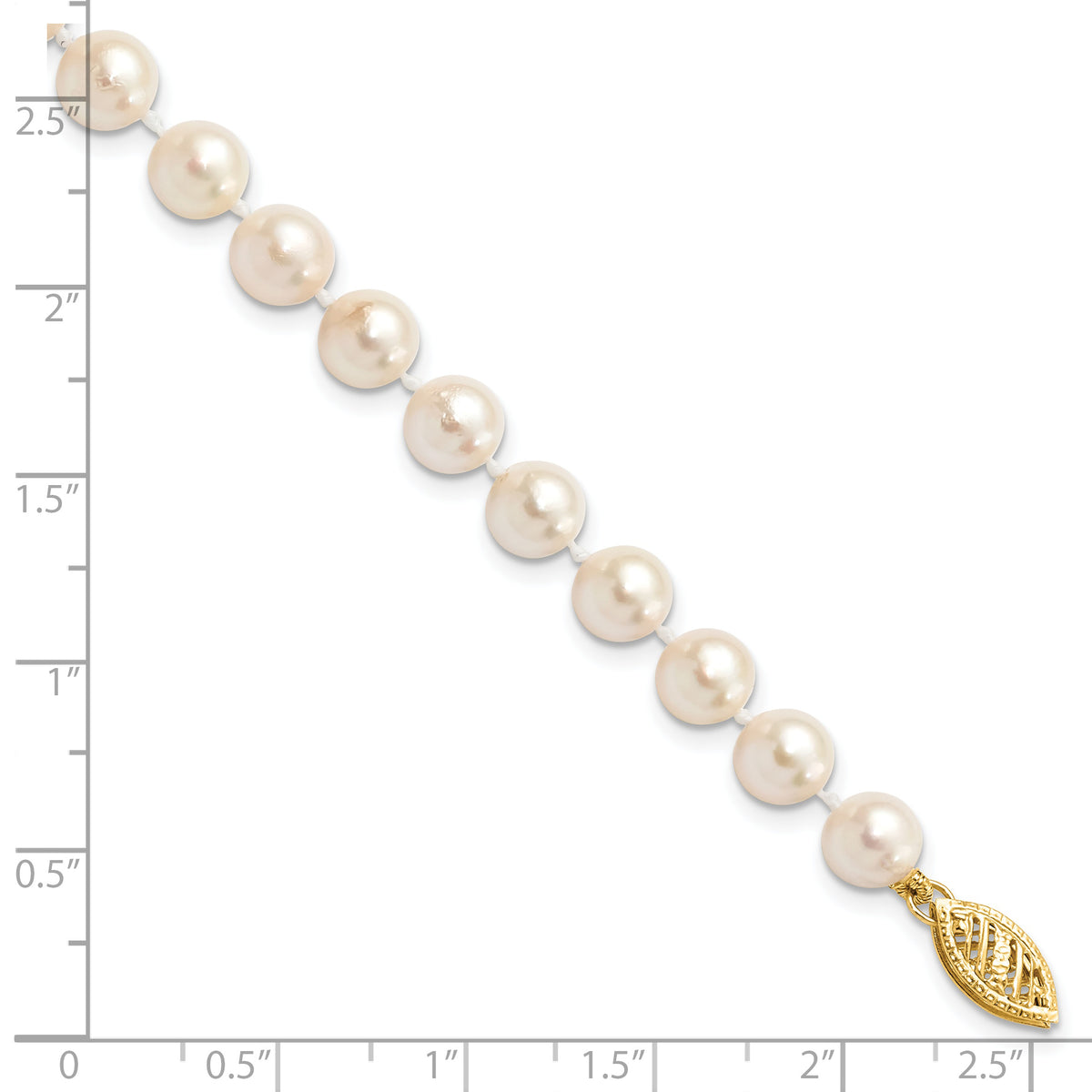 14k Yellow Gold White Akoya Cultured Pearl Bracelet, shown with a ruler for scale - 6-7 mm