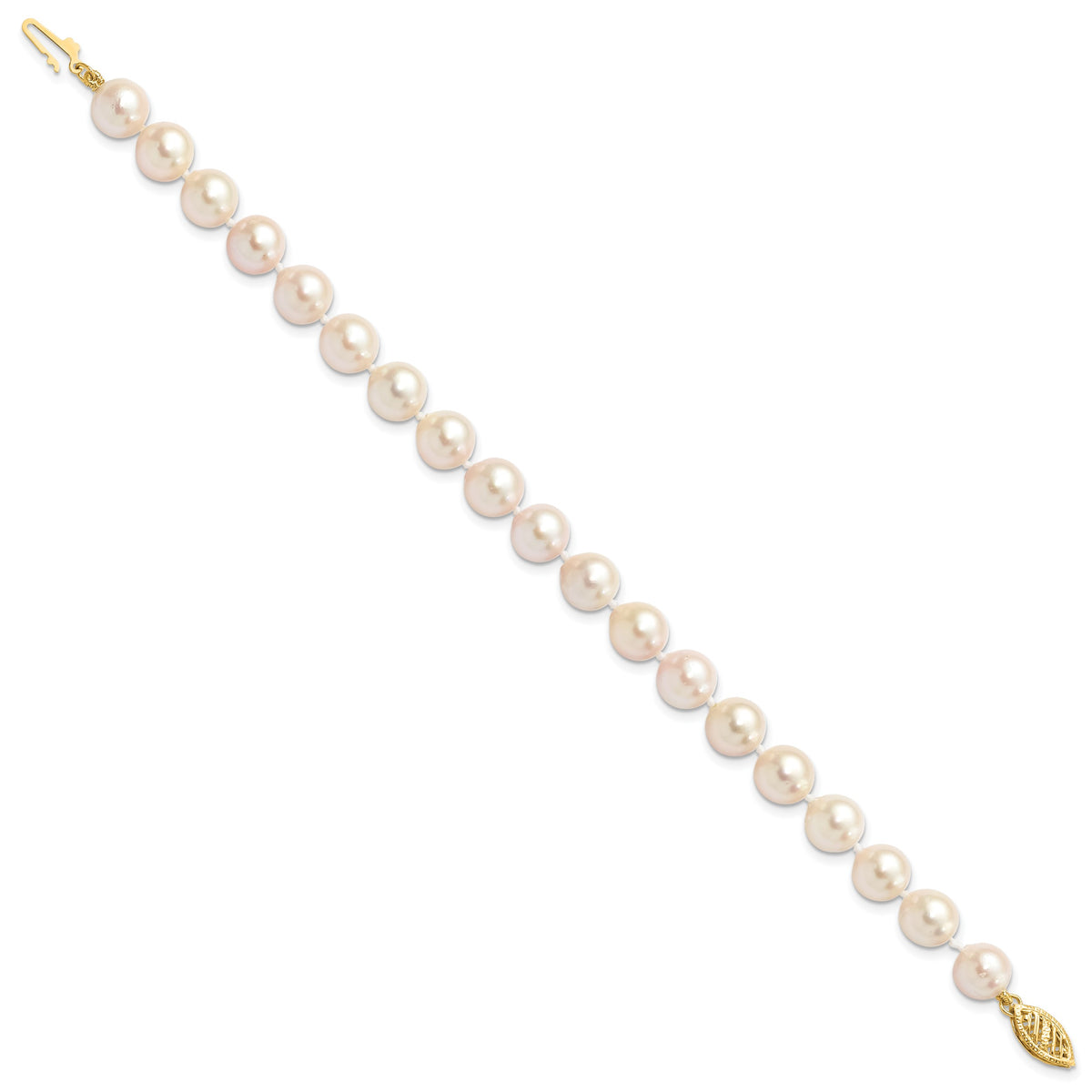 14k Yellow Gold White Akoya Cultured Pearl Bracelet, view 2 - 7-8 mm