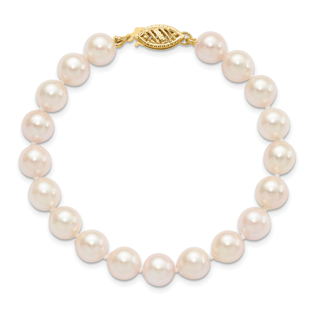14k Yellow Gold White Akoya Cultured Pearl Bracelet, view 4 - 7-8 mm