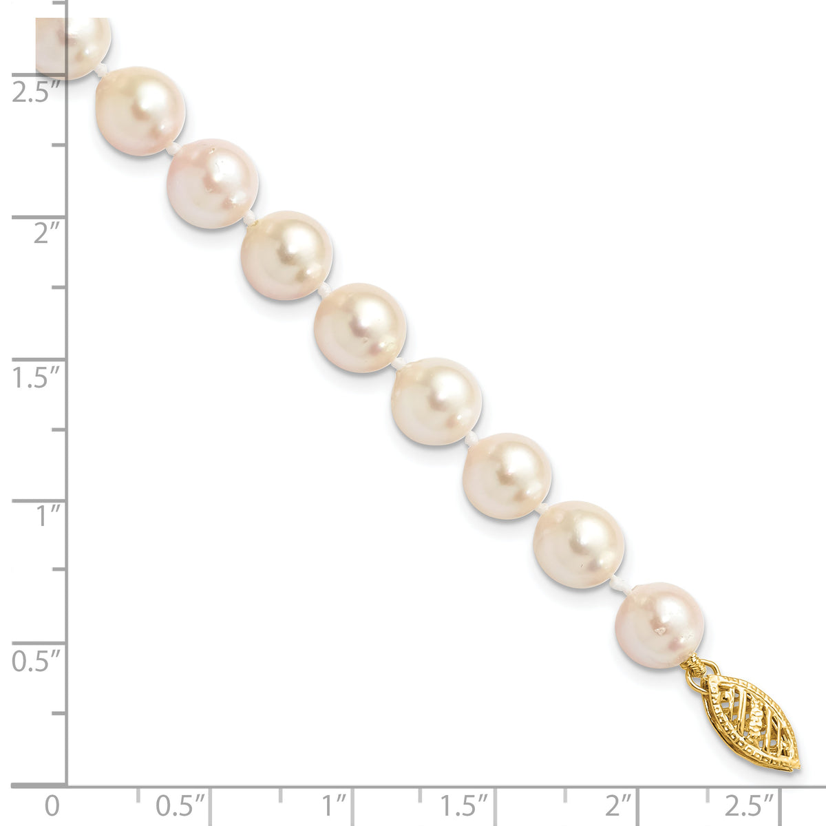 14k Yellow Gold White Akoya Cultured Pearl Bracelet, shown with a ruler for scale - 7-8 mm