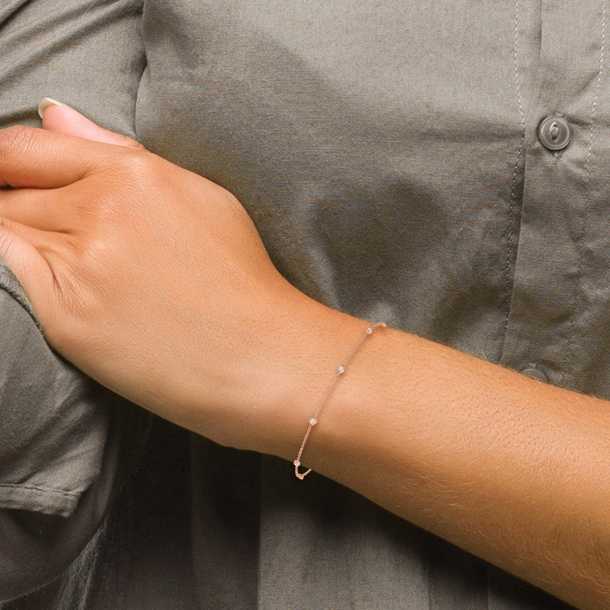 14k True Origin Lab Grown Diamond VS/SI, D E F Station Bracelet/Anklet - 14k Rose Gold / 8 in