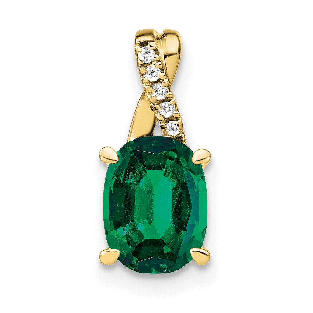 Oval Gemstone & Diamond Pendant - 10k Yellow Gold / Natural / Green Emerald, Lab Created, Standard