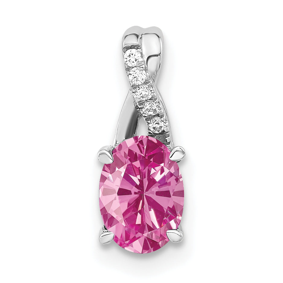 Oval Gemstone & Diamond Pendant - 14k White Gold / Natural / Pink Sapphire (Colors), Lab Created