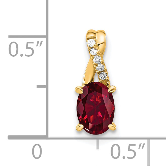 Oval Gemstone & Diamond Pendant - 14k Yellow Gold / Natural / Red Ruby, Lab Created, I2 (A)