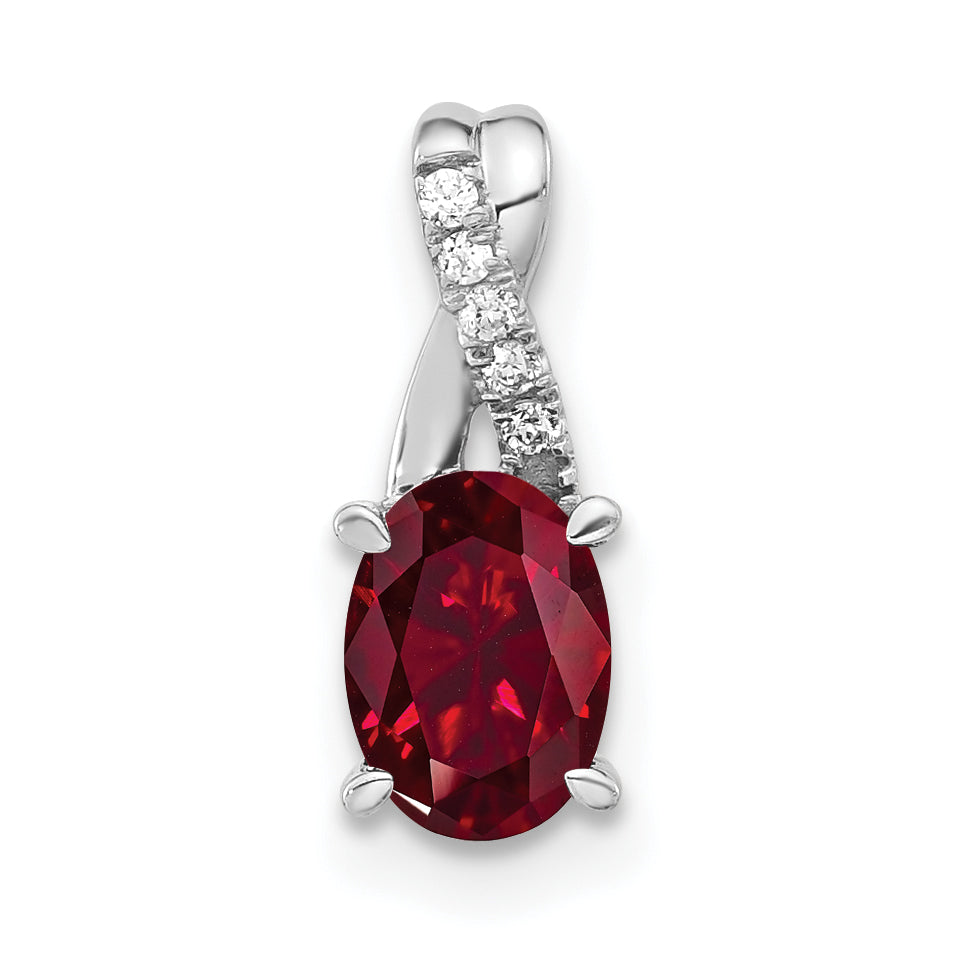 Oval Gemstone & Diamond Pendant - 14k White Gold / Natural / Red Ruby, Lab Created, Standard