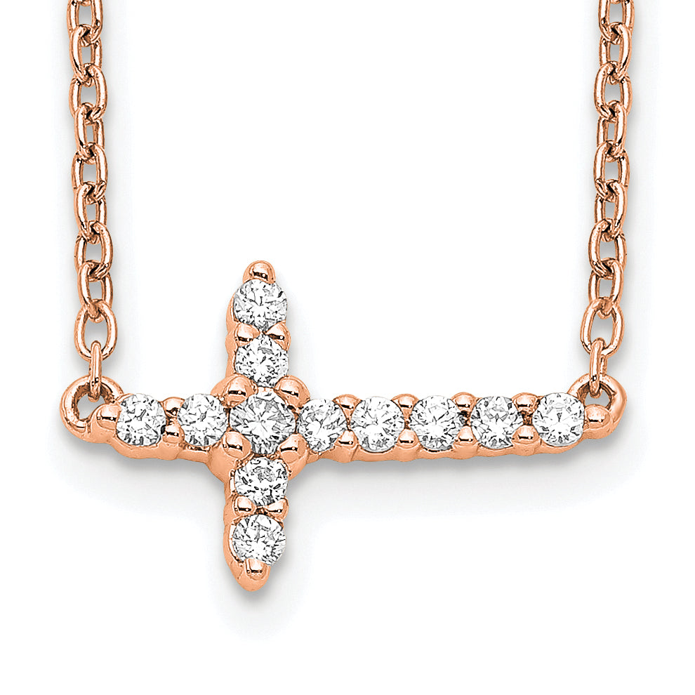 Diamond Sideways Cross Necklace - 14k Rose Gold / Diamond / 1/6 ctw.
