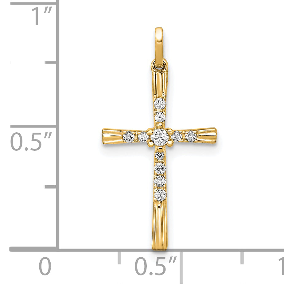 14k Yellow Gold 1/10 carat Diamond Cross Pendant, shown with a ruler for scale