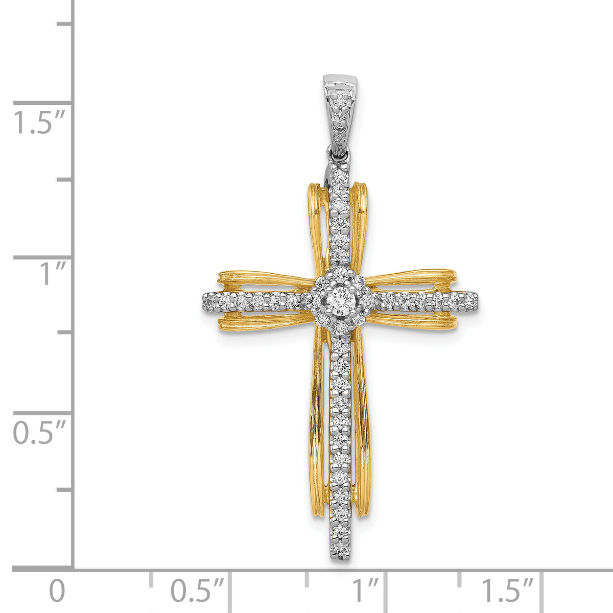 14k Two-Tone Gold 1/3 carat Diamond Passion Cross Pendant, shown with a ruler for scale