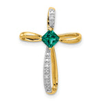 14k and White Rhodium 4mm Square Lab Created Emerald and Diamond Cross Omega Slide