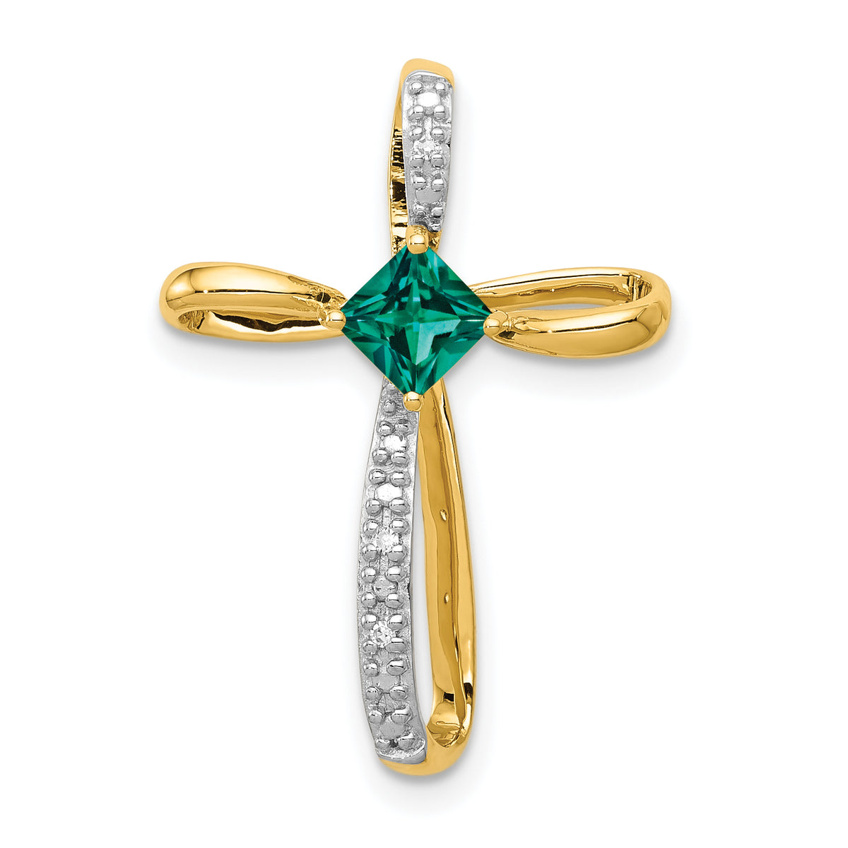 14k Gold And White Rhodium 4mm Square Lab Created Emerald and Diamond Cross Omega Slide