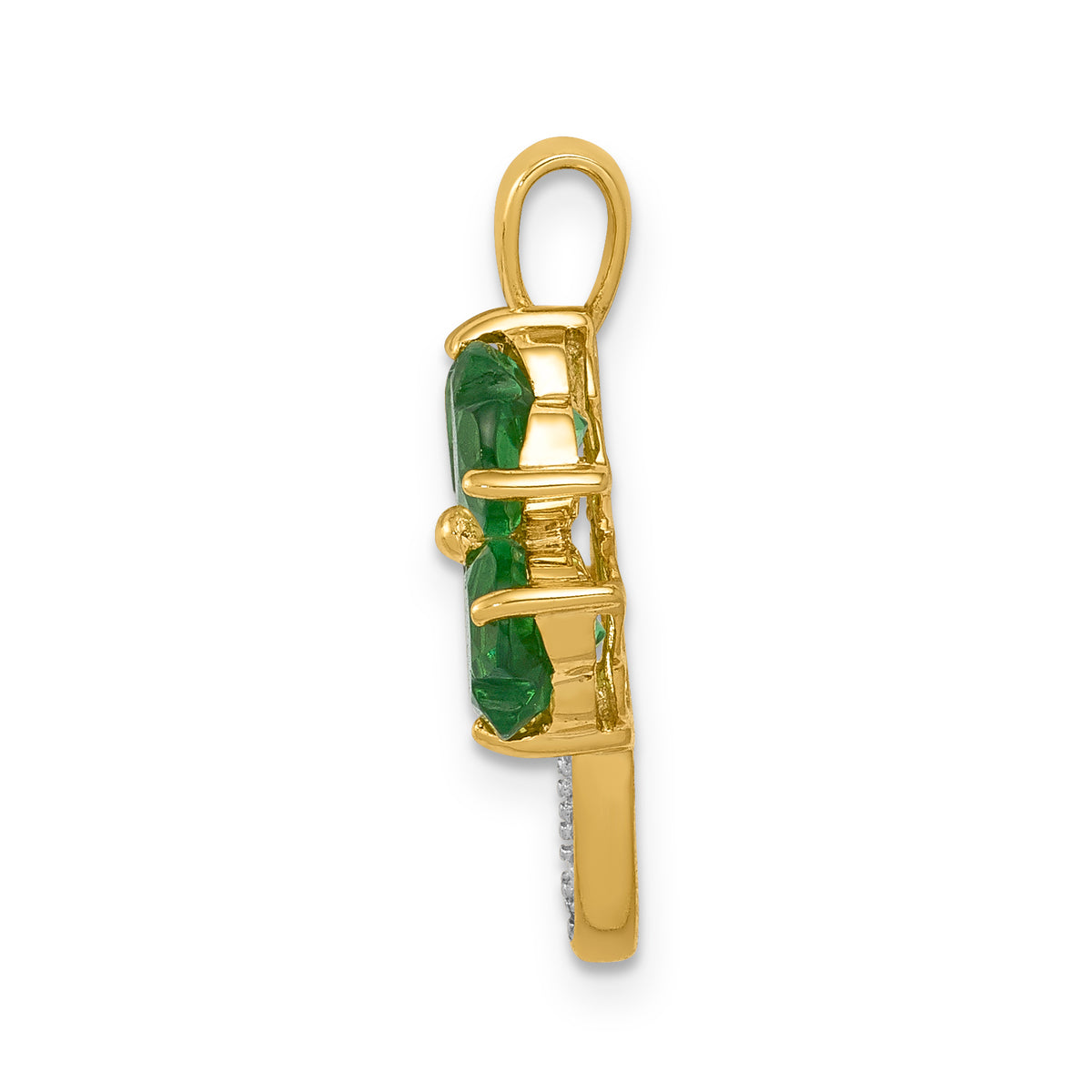 14k Yellow Gold Lab Created Heart Emerald and Diamond Four Leaf Clover Pendant, view 2