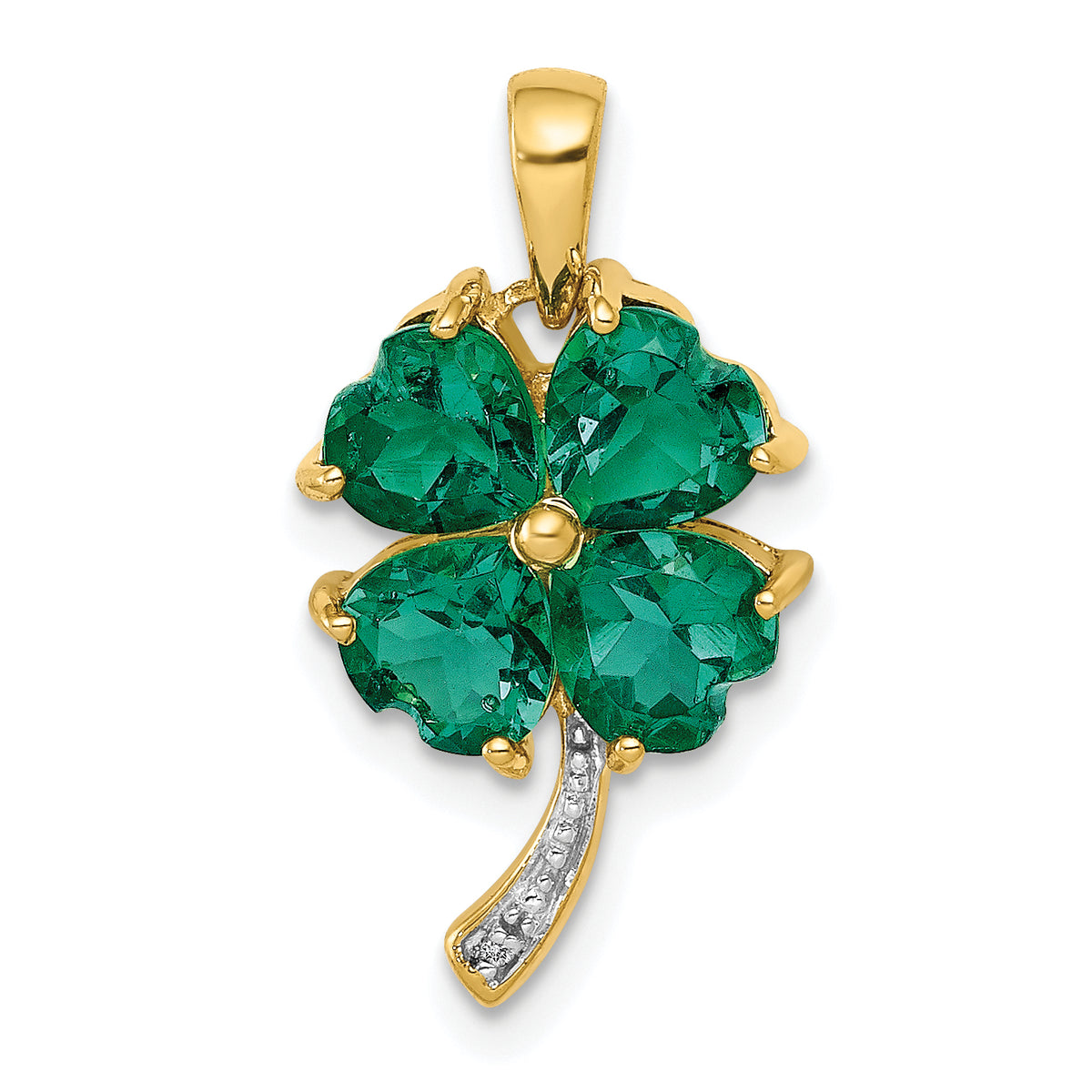 14k Yellow Gold Lab Created Heart Emerald and Diamond Four Leaf Clover Pendant