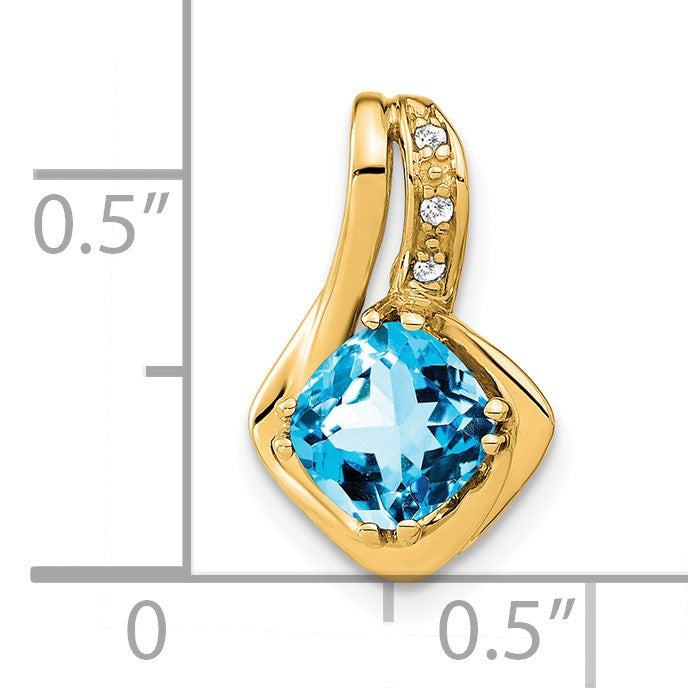 14k Gold 6.4mm Cushion Gemstone and Diamond Chain Slide Pendant, shown with a ruler for scale - 14k Yellow Gold / Swiss Blue Topaz