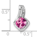 14k Gold 6.4mm Cushion Gemstone and Diamond Chain Slide Pendant, shown with a ruler for scale - 14k White Gold / Lab-Created Pink Sapphire