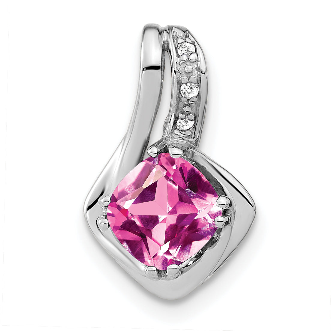 14k Gold 6.4mm Cushion Gemstone and Diamond Chain Slide Pendant - 14k White Gold / Lab-Created Pink Sapphire