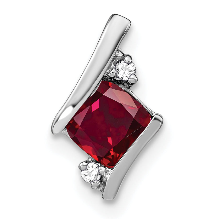 Cushion Gemstone & Diamond Chain Slide - 14k White Gold / Ruby, Lab Created