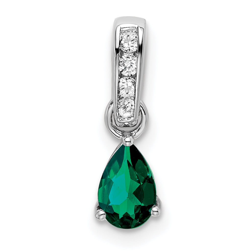 Pear Gemstone & Diamond Pendant - 14k White Gold / Green Emerald, Lab Created