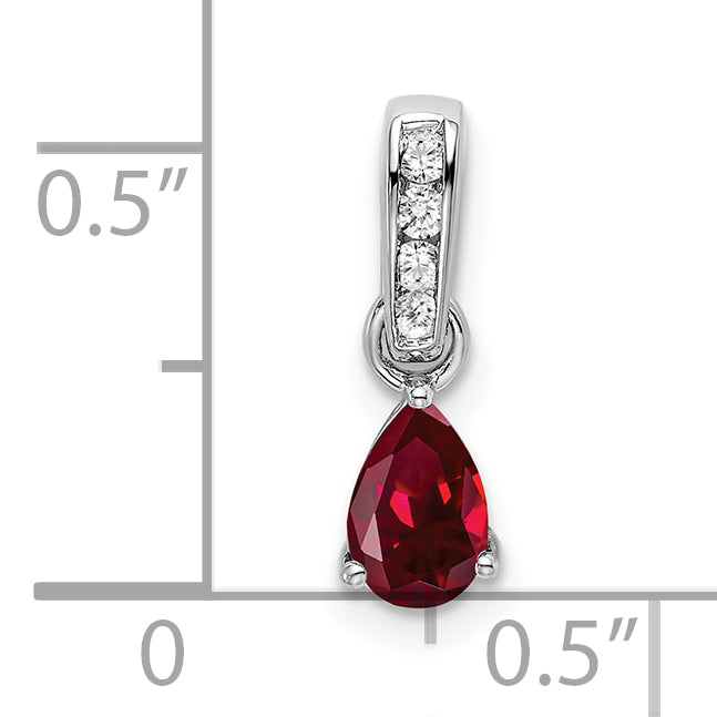 Pear Gemstone & Diamond Pendant - 14k White Gold / Red Ruby, Lab Created