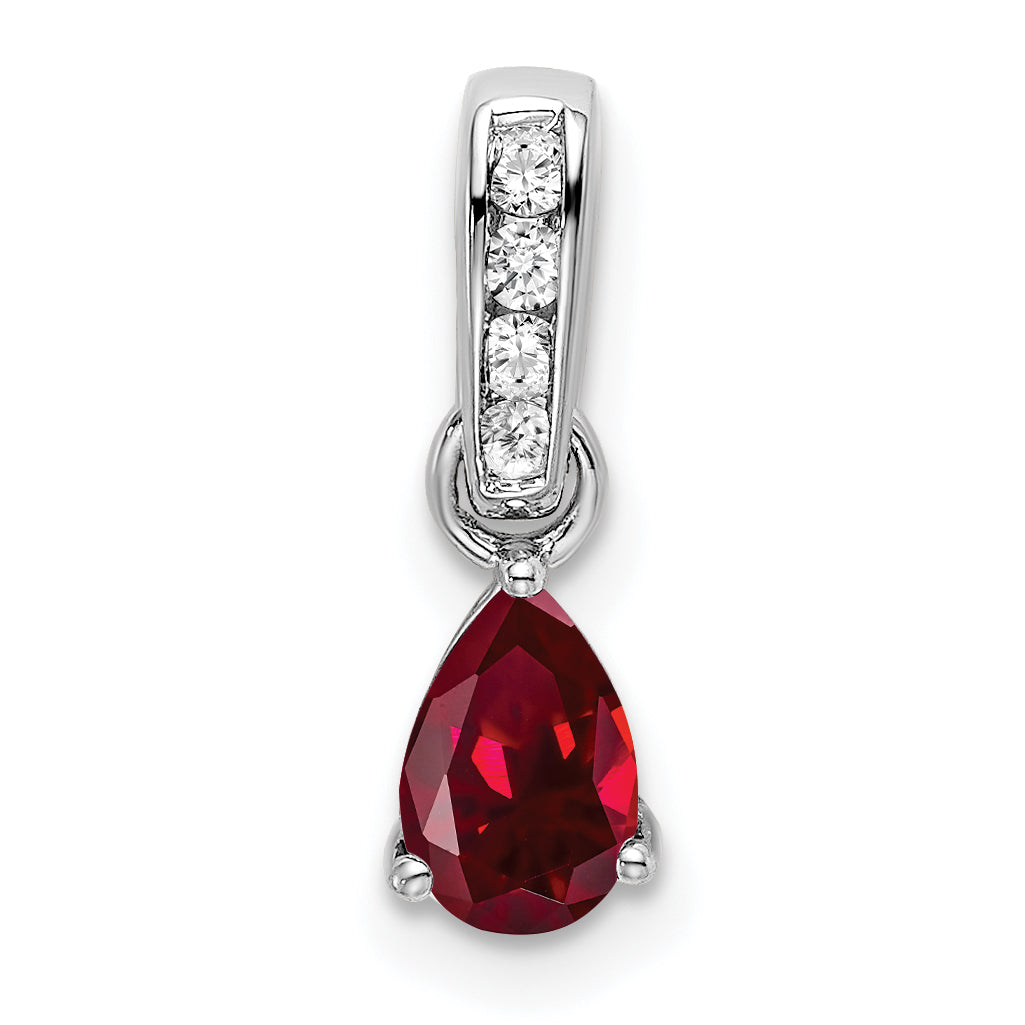 Pear Gemstone & Diamond Pendant - 14k White Gold / Red Ruby, Lab Created