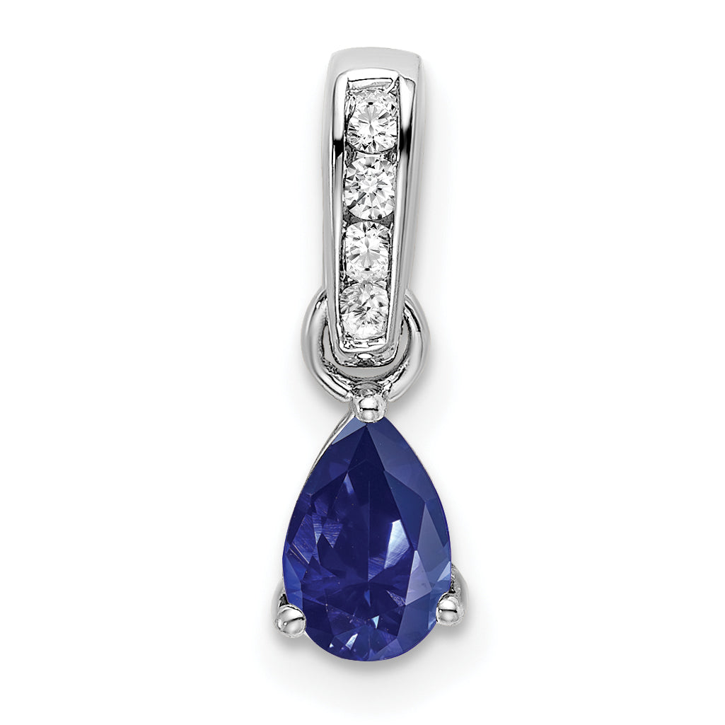 Pear Gemstone & Diamond Pendant - 14k White Gold / Blue Sapphire, Lab Created