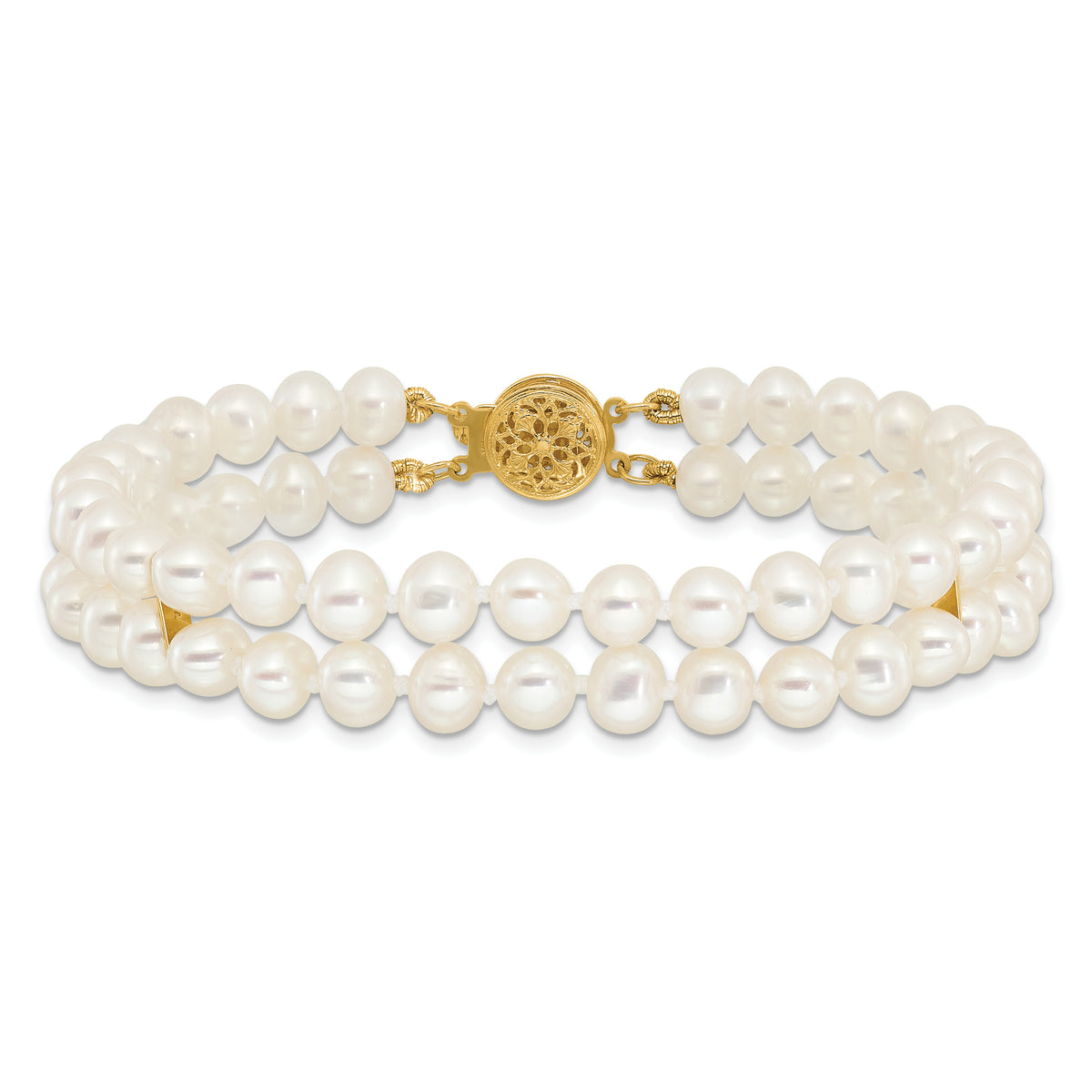 14k Yellow Gold 5-6mm White Freshwater Cultured Pearl 2-Strand 7.5 inch Bracelet, view 3