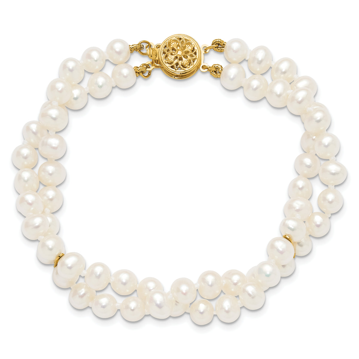 14k Yellow Gold 5-6mm White Freshwater Cultured Pearl 2-Strand 7.5 inch Bracelet, view 4