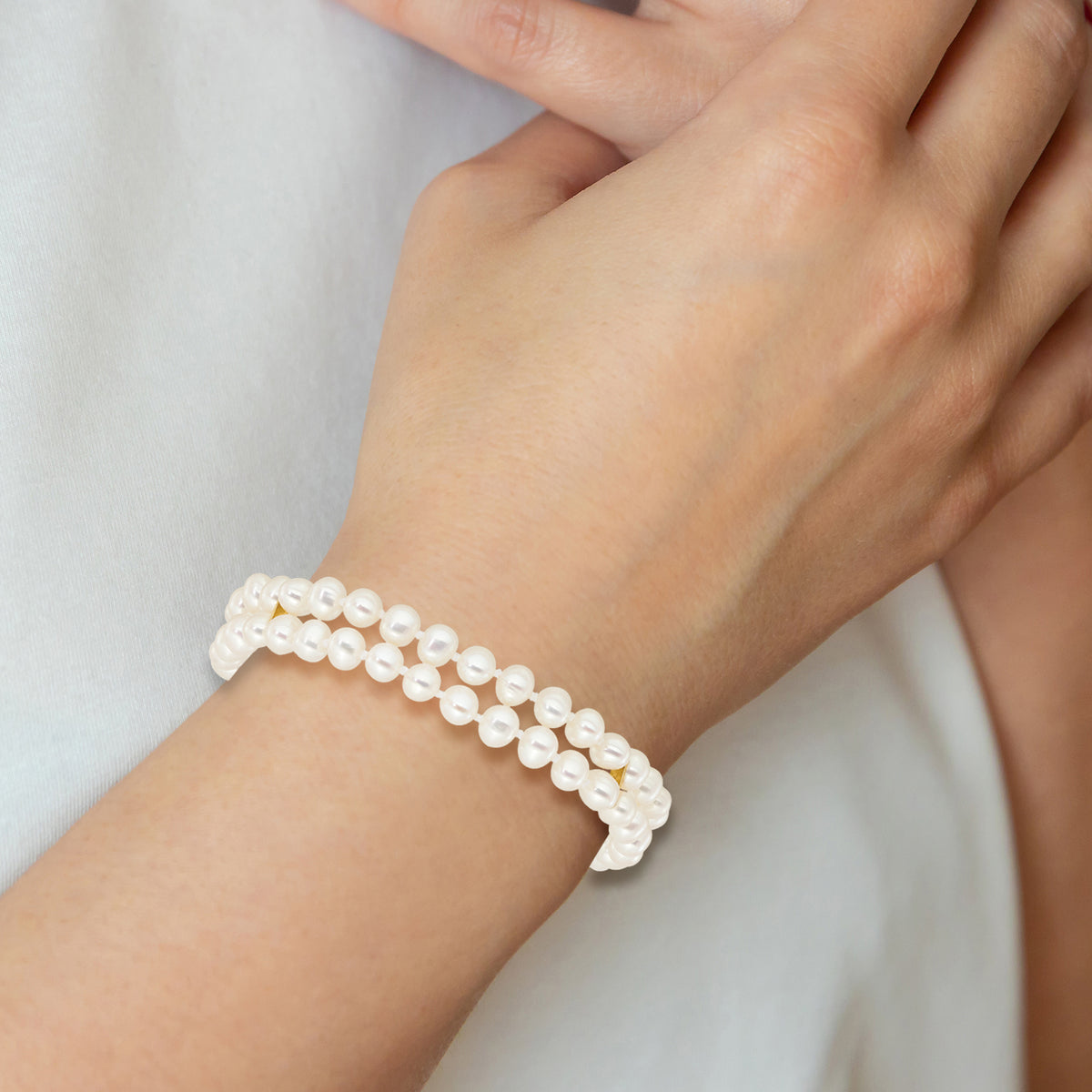 14k Yellow Gold 5-6mm White Freshwater Cultured Pearl 2-Strand 7.5 inch Bracelet, view 6