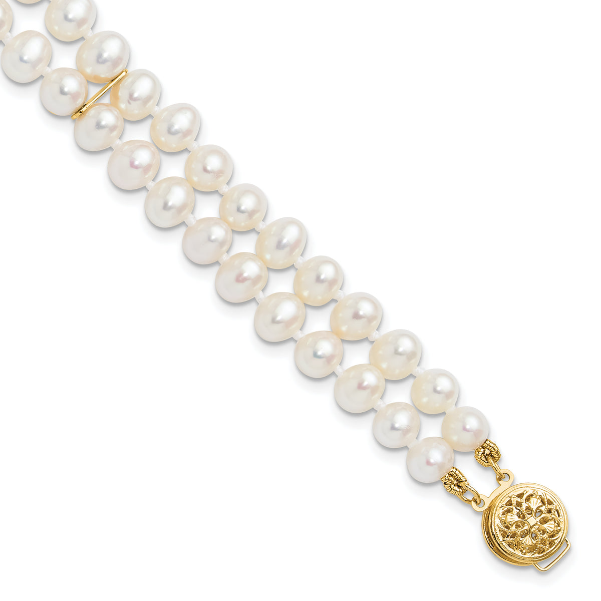 14k Yellow Gold 5-6mm White Freshwater Cultured Pearl 2-Strand 7.5 inch Bracelet