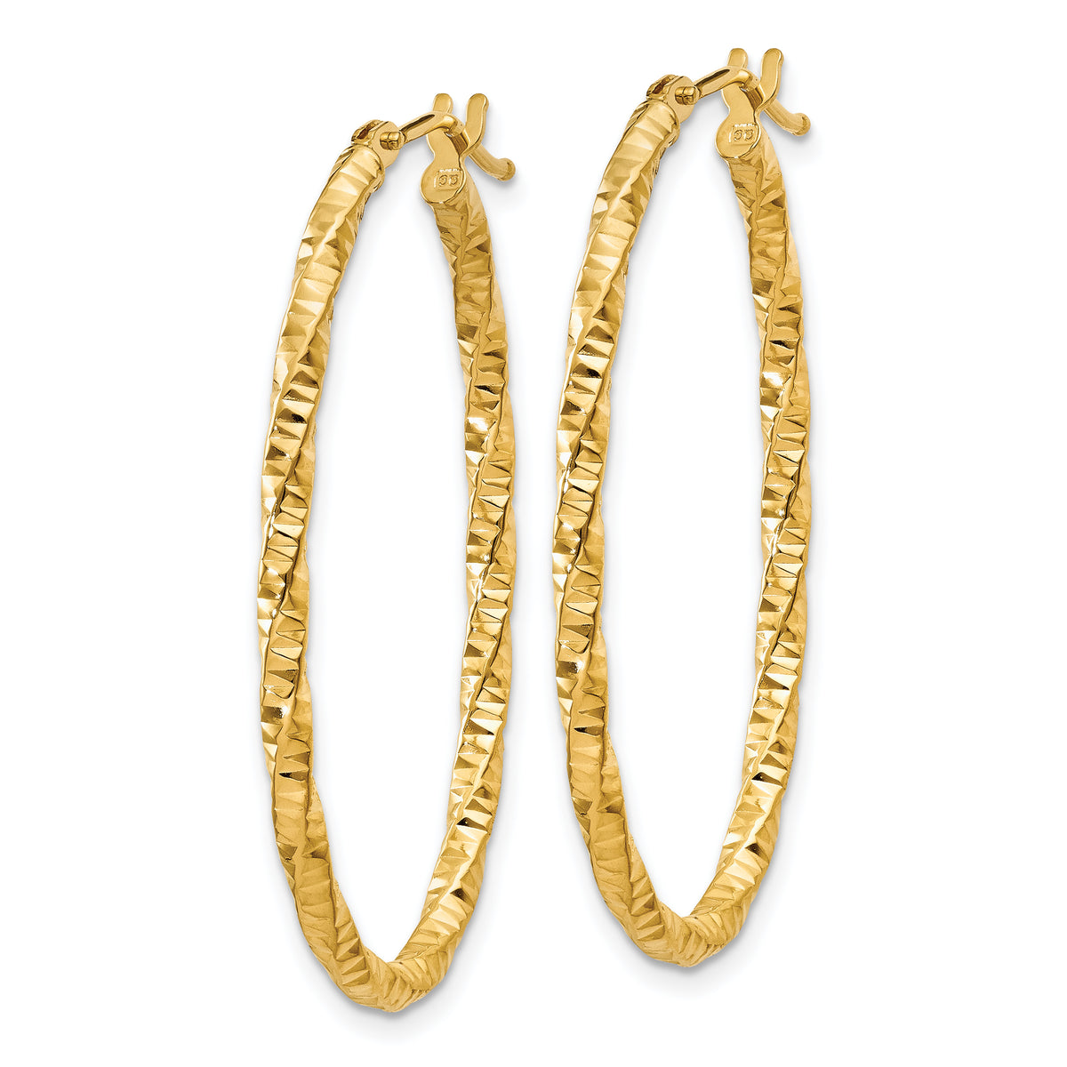 14k Yellow Gold 2mm Diamond-cut Oval Hoop Earrings, view 2
