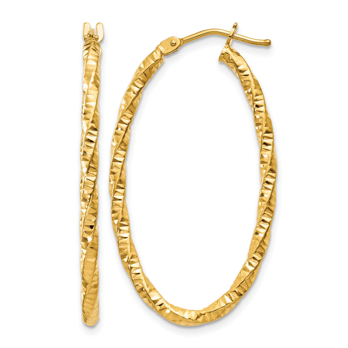14k Yellow Gold 2mm Diamond-cut Oval Hoop Earrings
