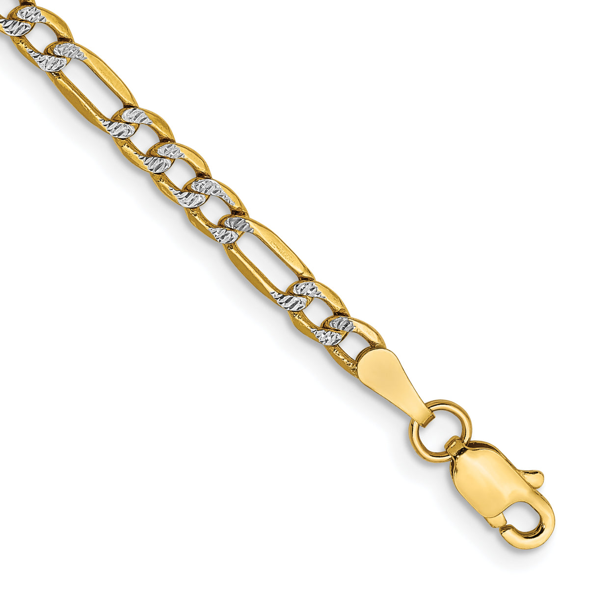Gold (14K) Semi-Solid Rhodium Pavé Figaro Chain Bracelet - 7 in / 3.2 mm