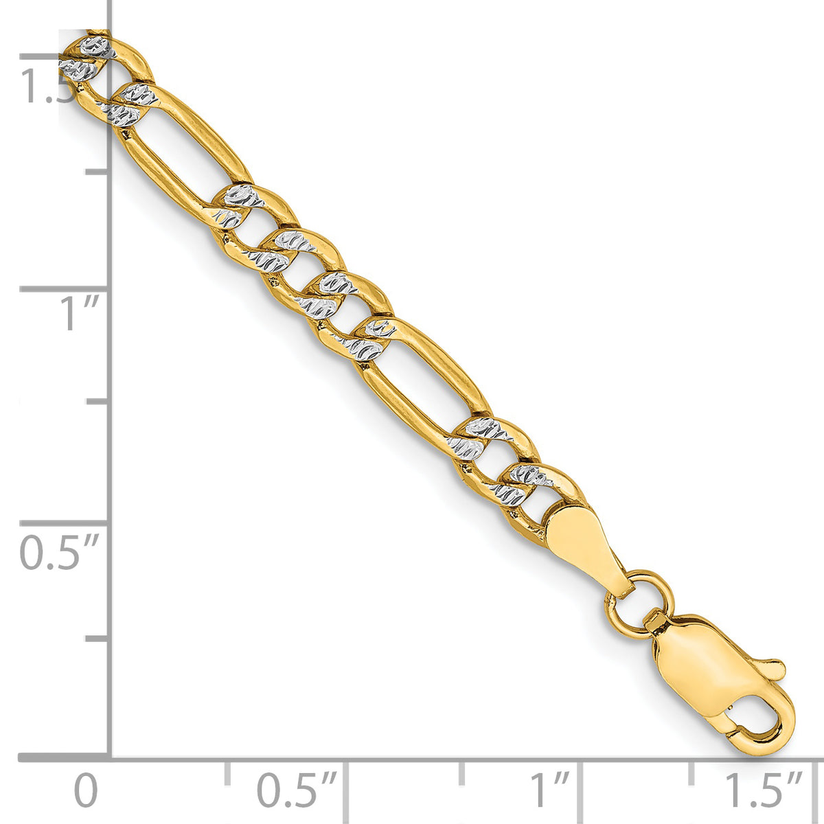 Gold (14K) Semi-Solid Rhodium Pavé Figaro Chain Bracelet - 7 in / 3.9 mm