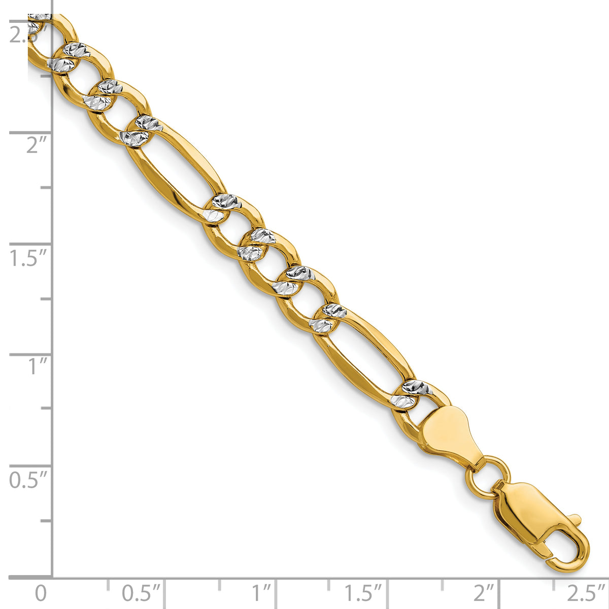 Gold (14K) Semi-Solid Rhodium Pavé Figaro Chain Bracelet - 7 in / 6.5 mm